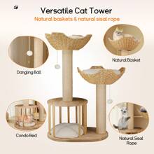 BingoPaw Scratching Post Cat Tree Stable: 3 Levels Modern Cat Scratching Post Climbing Tree With 2 Wicker Baskets Cat Bed Cat Cave Platform Plush Ball 99cm High Cat Furniture Occupation Scratching - Beige - View 10