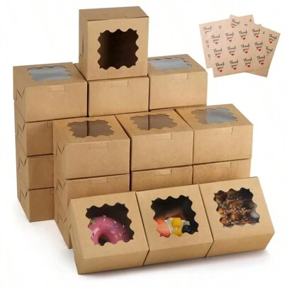 50pcs Kraft Paper/White Window Cake Boxes, Suitable For Cakes, Pies, Cupcakes, With "Thank You" Stickers Included