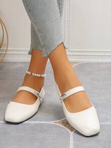 Cross-Border Plus Size 36-43 French Mary Jane White Strap Square Toe Flat Shoes, Casual Work Fashion Versatile Lightweight Comfortable Soft Ballet Flats For Women, Spring/Autumn