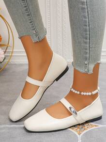 Cross-Border Plus Size 36-43 French Mary Jane White Strap Square Toe Flat Shoes, Casual Work Fashion Versatile Lightweight Comfortable Soft Ballet Flats For Women, Spring/Autumn