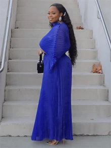 GLOURI Naija Style Black Pleated Maxi Dress - Elegant Mesh Formal Gown With Stretchy Maternity Waist, Nigerian Wedding Guest Dress For Photoshoots/Birthday Parties/African Events (Long Sleeve) - 藍色 - 查看 3