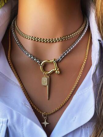 1Pc Contrasting Horseshoe Buckle Necklace With A Long Cone Pendant And A Letter Pendant, An Initial Necklace, A Smooth Horseshoe Buckle Necklace, Retro And Atmospheric, Suitable As A Daily Fashion Item.