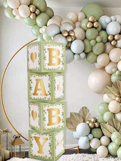 4 件 27 厘米绿叶装饰盒，带 B A B Y 字母装饰，宝贝淋浴装饰气球盒，性别揭示派对装饰礼品盒摄影道具背景装饰盒，生日装饰婚礼装饰家居装饰房间装饰背景装饰派对配件，生日礼物派对礼物