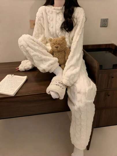 Two Pieces Jacquard Zipper Flannel Home Pajama Set Thick Warm Sleepwear, Fall Clothes, Fluffy Pajama, Cozy view 3