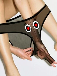 Herren schwarze sexy Mesh-Unterwäsche, halbtransparent mit süßem Herz-Augen-Druckmuster, atmungsaktiv und bequem als Alltagsunterwäsche Tangas