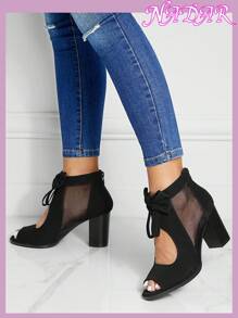 Women's Fashion Hollow Out Bowknot Open Toe Platform Thick High Heel Sandals, Suitable For Spring/Autumn - Black - View 3