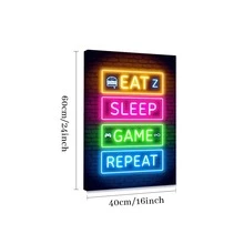 1pc Framed Canvas Poster, Neon Sign With Eat Sleep Game Repeat Text And Related Icons Wall Art Canvas Paintings, Ideal Gift For Bedroom Living Room Corridor, Wall Art, Room Decoration