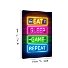 1pc Framed Canvas Poster, Neon Sign With Eat Sleep Game Repeat Text And Related Icons Wall Art Canvas Paintings, Ideal Gift For Bedroom Living Room Corridor, Wall Art, Room Decoration