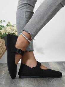 Nuevos mocasines cómodos de 2025 con puntera redonda plana, hebilla y terciopelo, de unicolor, para mujer de talla grande y versátiles - Negro - Ver 6