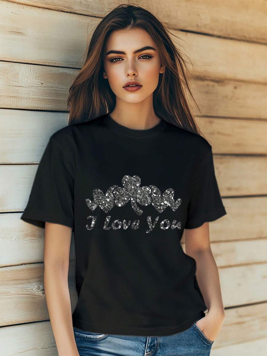 Women's  Valentine's Day Clover Love Glitter Print T-Shirt Fashion Short Sleeve Round-Neck Slm Fit Tops Summer Casual Streetwear