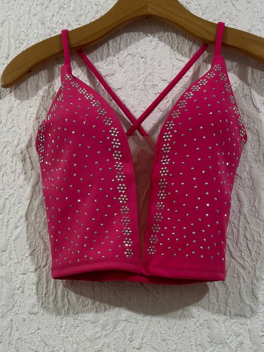 Cropped Top In Neuprene Fabric With Tulle And Extra Shiny With A Cup, Size 36-40 - Rosa Fucsia - Ver 1