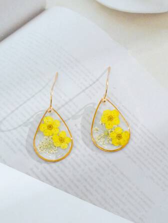 1 对泪珠状勿忘我花树脂吊坠耳环，适合女性日常佩戴