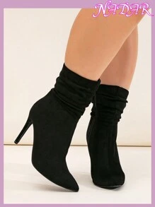 宽楦女士秋冬尖头高跟时尚褶皱靴，户外通勤仿毛皮黑色中底靴，高跟鞋 - 黑色 - 查看 6