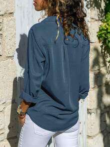 Women Pocket Classic Lapel Long Sleeve Casual Shirt - Navy Blue - View 2
