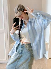 女装新款韩版宽松长袖俏皮休闲拼色衬衫蕾丝少女学院风条纹外套带口袋防晒开衫日常穿搭外出居家约会旅游度假 - 藍色 - 查看 2