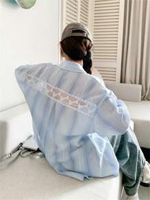 女装新款韩版宽松长袖俏皮休闲拼色衬衫蕾丝少女学院风条纹外套带口袋防晒开衫日常穿搭外出居家约会旅游度假 - 藍色 - 查看 1