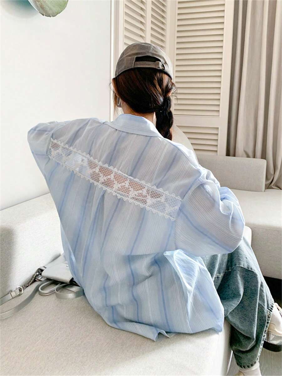 女装新款韩版宽松长袖俏皮休闲拼色衬衫蕾丝少女学院风条纹外套带口袋防晒开衫日常穿搭外出居家约会旅游度假 - 藍色 - 查看 1