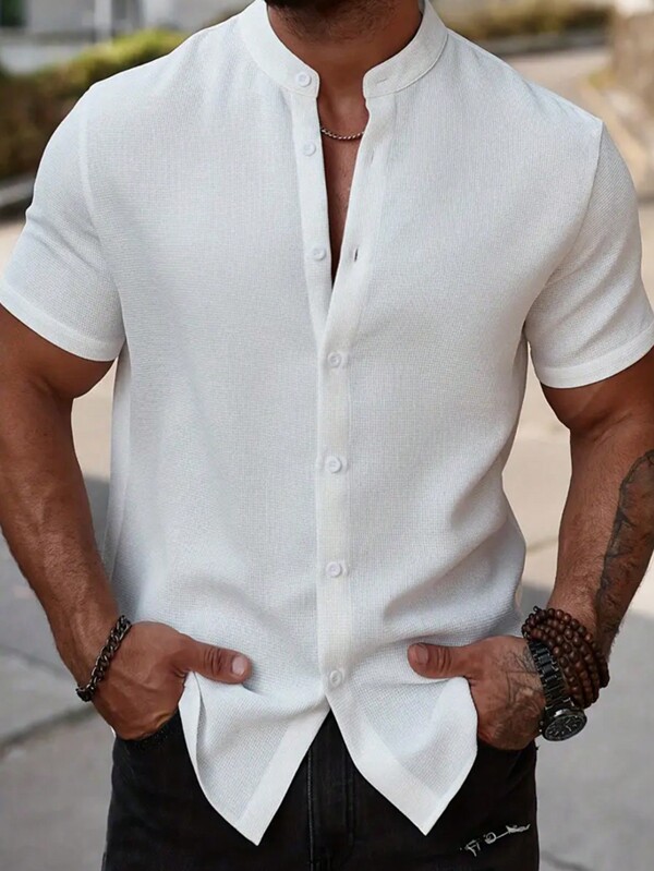 Men's Casual Solid Color Waffle Texture Short Sleeve Polo Shirt