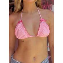 Women Ruffle Bikinis Sets Coquette Aesthetic Bows Halter Tie Up Bikini Top High Cut Elastic Waist Bikini Bottom - Hồng - Xem 3