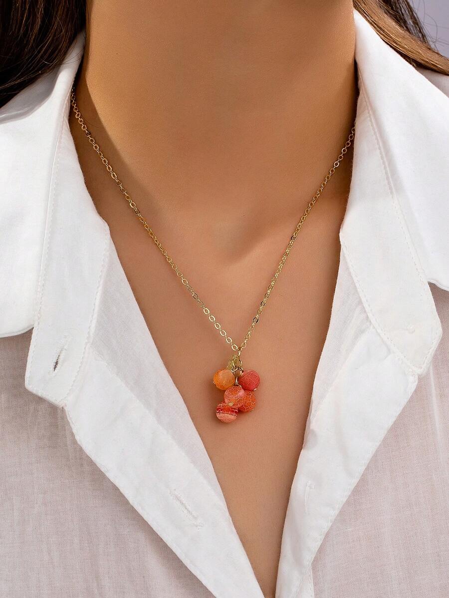 Bohemian Style Orange Agate Stone Pendant Necklace And Earring Set, Natural Gemstone, Suitable For Casual Wear - Red - View 1