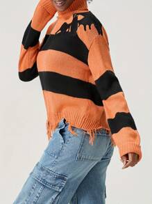 Women's Striped Halloween Sweater Vintage Loose High Neck Long Sleeve Ripped Irregular Hem Tops For Fall Winter - Orange - View 8