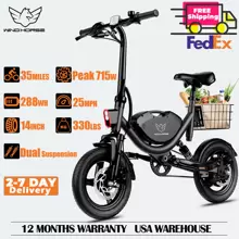 WIND HORSE 14" Electric Bike With Basket, Ebike 22 MPH, 35 Miles Range, Dual Suspension, Adjustable Seat, 715W Peak Brushless Motor With 30° Uphill, Commuter Electric Bicycle For Adults 330LBS Load