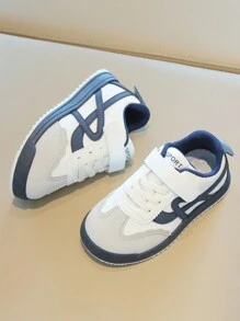 1 Pair Unisex Kids Colorblock Geometric PU Patchwork Soft Sole Non-Slip Round Toe Low-Top Elastic Hook And Loop Cross Flat Heel Casual Sports Shoes, Versatile For All Seasons - Blue - View 3