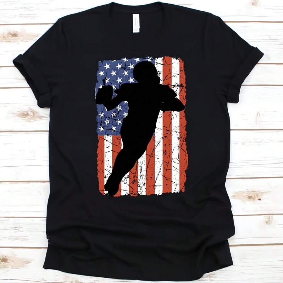 USA Flag Football Player Silhouette Shirt, Independence Day Gift, An Flag, 4th Of July, Football Player Graphic, An Football - Black - View 1