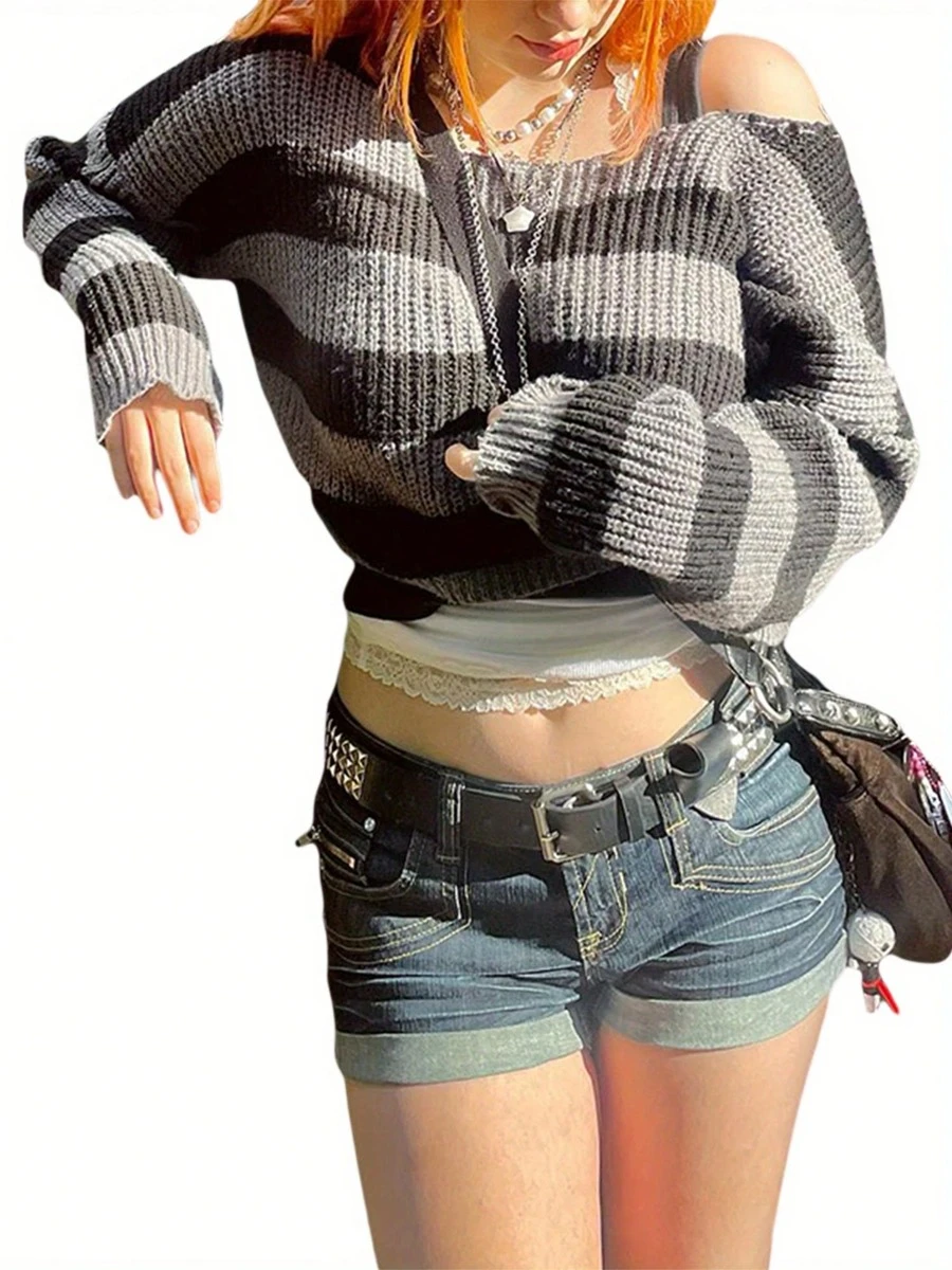 Women Fall Cropped Sweater, Knitted Stripe Off Shoulder Long Sleeve Pullover Knitwear Streetwear For Girls Fall Autumn Winter
