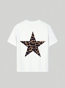 Tween Girls Leopard Print Star Graphic Crew Neck Short Sleeve T-Shirt, Summer Top