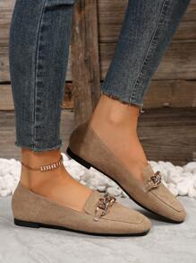女士金属链方头低跟休闲芭蕾平底鞋，舒适乐福鞋适合日常穿着、办公室、春秋季通勤，卡其色