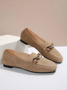 女士金属链方头低跟休闲芭蕾平底鞋，舒适乐福鞋适合日常穿着、办公室、春秋季通勤，卡其色