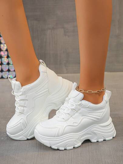 女士厚底运动鞋，时尚百搭女士休闲鞋，系带白色低帮鞋，增高女鞋