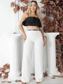 Women's Striped Tailored Trousers, Pantaloons With Belt, Elegant Fashion - 白色 - 查看 7