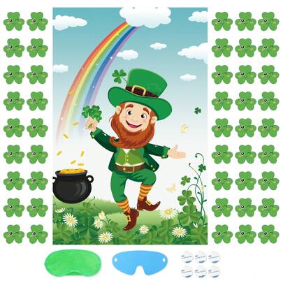 Pin The Shamrock On The Hat With 45 Pcs Shamrock Stickers, Large Green Leprechaun Party Games Poster For Party, Birthday Party Decoration Supplies