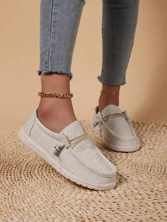 女士系带撞色拼布船鞋，休闲帆布乐福鞋，轻便，防滑，单底，休闲鞋