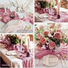 1pc Pink Balinese Pleated Chiffon Table Runner - Bohemian Style Twisted Gauze, Polyester Blend, Perfect For Christmas, Weddings & Birthday Parties - Pink - View 6