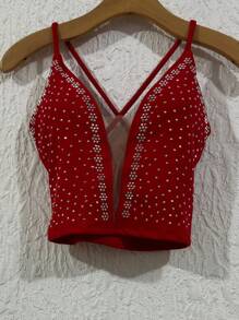 Cropped Top In Neuprene Fabric With Tulle And Extra Shiny With A Cup, Size 36-40 - Rojo - Ver 1