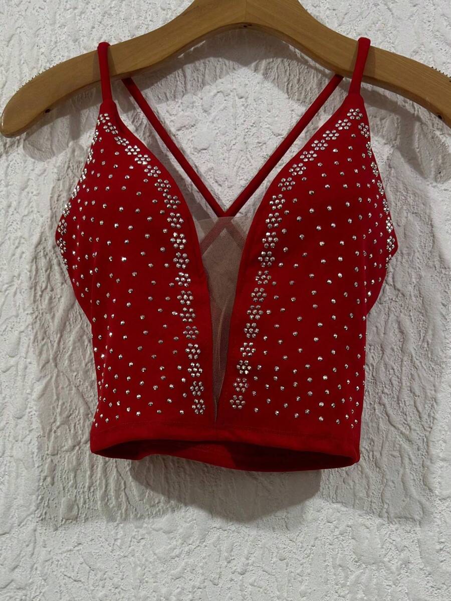 Cropped Top In Neuprene Fabric With Tulle And Extra Shiny With A Cup, Size 36-40 - Rojo - Ver 1