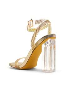 Women Transparent Chunky High Heel Sandals, Rhinestone Ankle Strap Open Square Toe High Heeled Sandals For School Party Prom Heels - Gold - View 5
