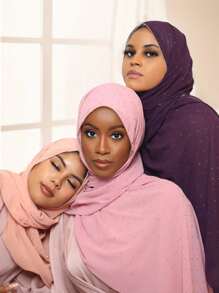 1pc Women's Rhinestone Chain Chiffon Headscarf, Islamic Fashion Solid Color Scarf, Muslim Sunscreen Hijab Headwrap, Suitable For Daily Wear