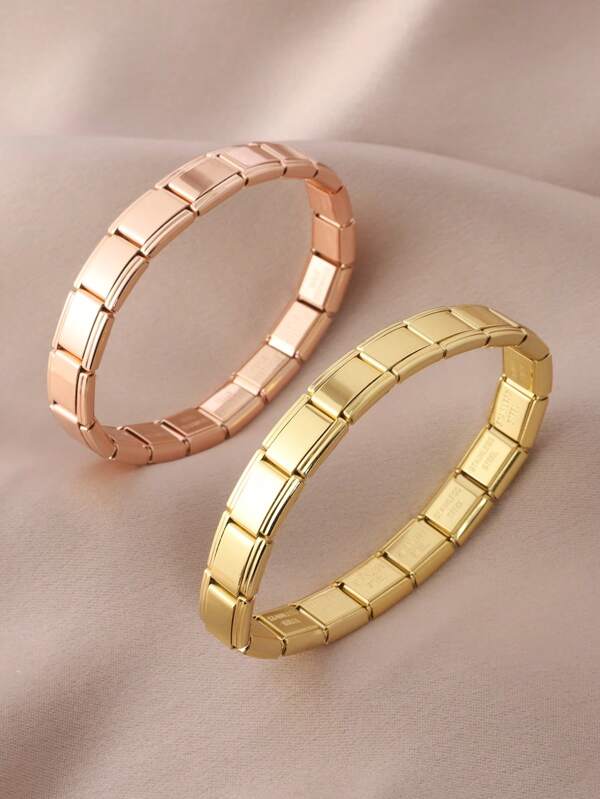 Lot de 2 bracelets élastiques à la mode et haut de gamme en acier inoxydable plaqué or 18 carats pour homme. Bracelet élastique italien à breloques de 9 mm de large.