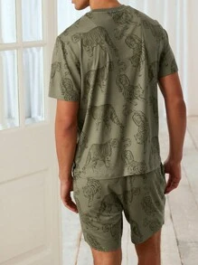 Men's Lightweight Summer Tiger Print Short Sleeve & Shorts Pajama Set, Stylish Home Wear - Army Green - View 2