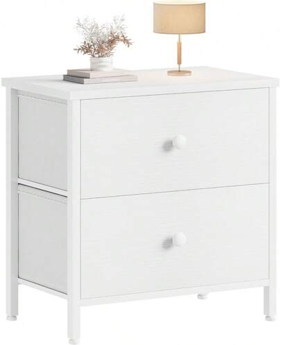 White Nightstand 2 Drawer For Bedroom,Small Night Stand With Fabric Drawers End Table Modern