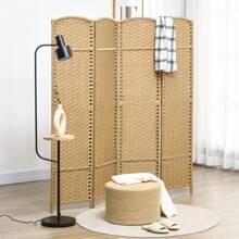 HOMCOM 4 Panel Wooden Room Divider 160 X 170 Cm Foldable Room Divider With Woven Finish, Partition Wall For Living Room, Bedroom, Home, Brown - Camel - View 1