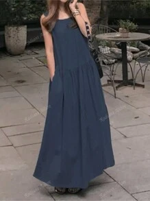 春夏休闲圆领无袖宽松纯色背心长款全裙连衣裙