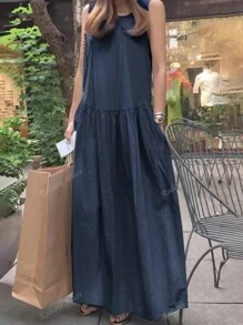 春夏休闲圆领无袖宽松纯色背心长款全裙连衣裙