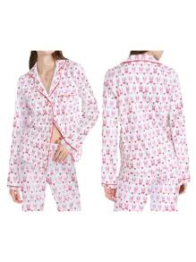 Women 2 Piece Easter Outfits Pajamas Sets Y2k Cute Bunny Print Long Sleeve Button Down Shirt Tops And Elastic Waist Wide Leg Long Pants Set Beach Vacation Streetwear Clothes Sleepwear Lounge PJs Sets
