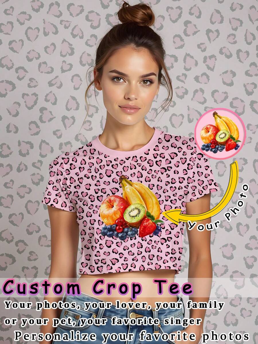 Women 3D Printed Custom Picture T-Shirt Fashion Personalized Crop Top Shirts Pink Leopard Print Baby Tees Add Your Own Photos (Family Photos, Selfies) To Design Custom Printed T-Shirts Casual - Pink - View 1