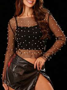 Women Mesh Slim Fit Long Sleeve Crew Neck See-Through PearlsTops For Club Party - Black - View 3